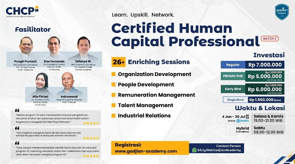 Training HRD 2024 Program Certified Human Capital Professional dari Gadjian Academy