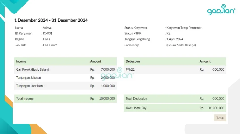 contoh slip gaji karyawan dengan tarif progresif aturan lama untuk hitung pajak Desember atau masa pajak terakhir 2