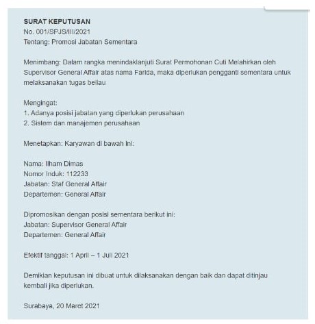 Contoh Surat Promosi dan Jabatan Sementara