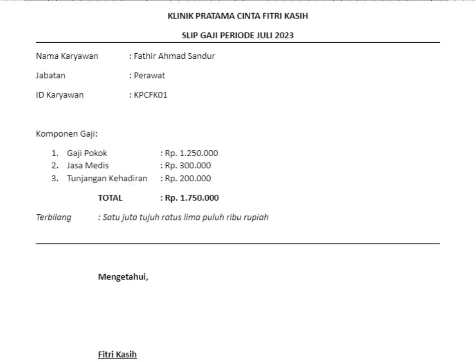 Slip gaji karyawan klinik manual