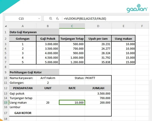 Perhitungan tunjangan tidak tetap Excel