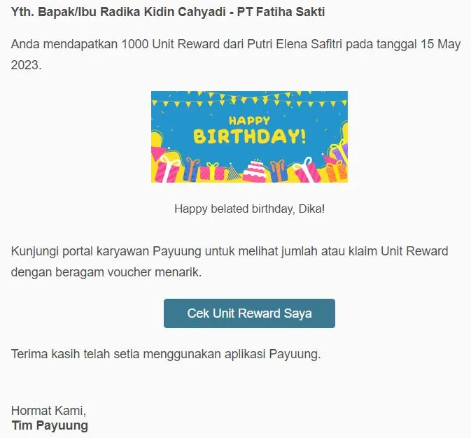 Voucher Ulang Tahun Karyawan dari Platform Benefit Karyawan, Payuung