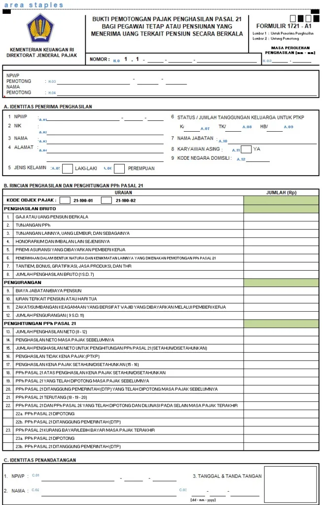 Formulir 1721 A1 bukti pemotongan PPh 21 karyawan swasta
