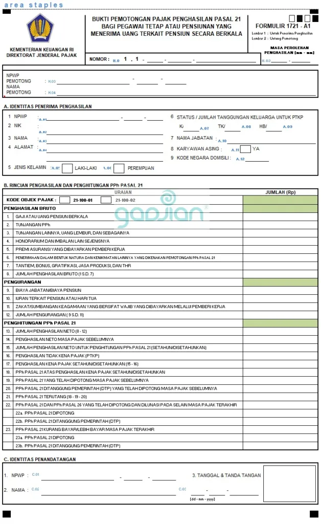 bukti potong PPh 21 tahunan atau formulir 1721-A1 dengan biaya jabatan sebagai komponen pengurang