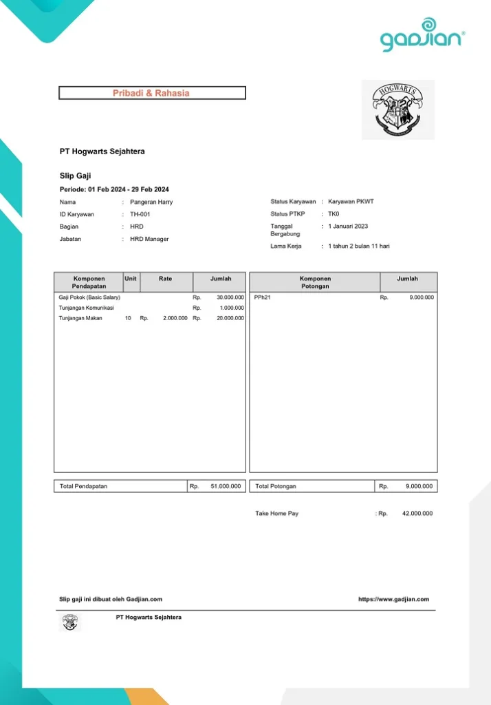 contoh slip gaji bonus tunjangan karyawan kontrak PKWT