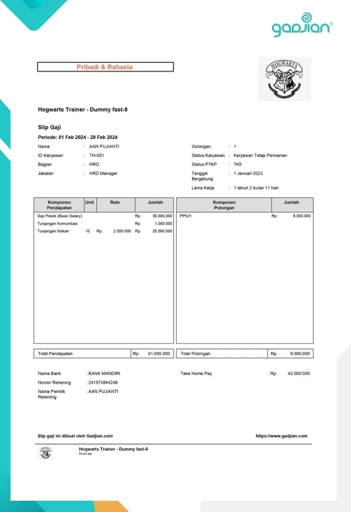 contoh slip gaji bonus tunjangan karyawan tetap PKWTT terbaru PPh 21