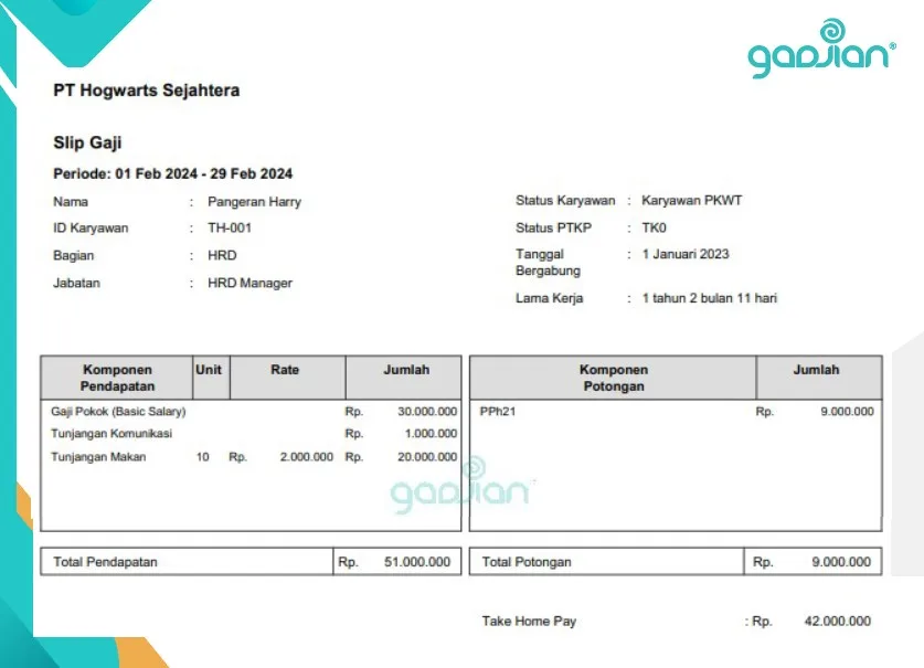 contoh slip gaji karyawan PKWT kontrak di aplikasi HRIS Gadjian