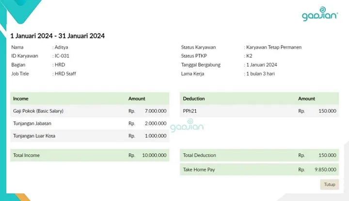 contoh slip gaji perhitungan PPh 21 bulanan TER
