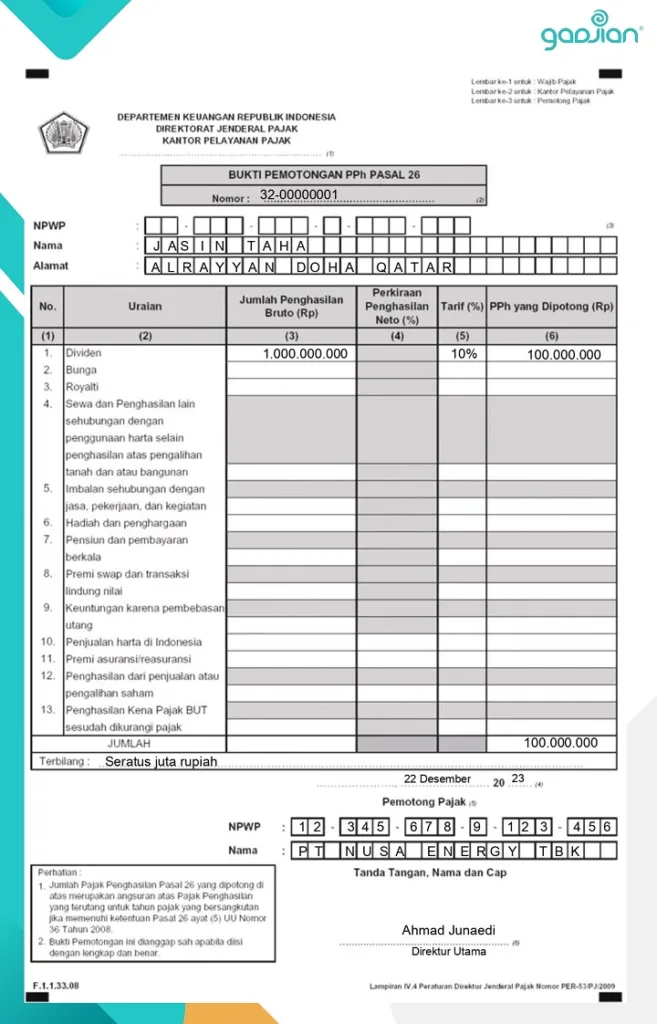 contoh bukti potong pph 26 sesuai tax treaty P3B Indonesia dan Qatar