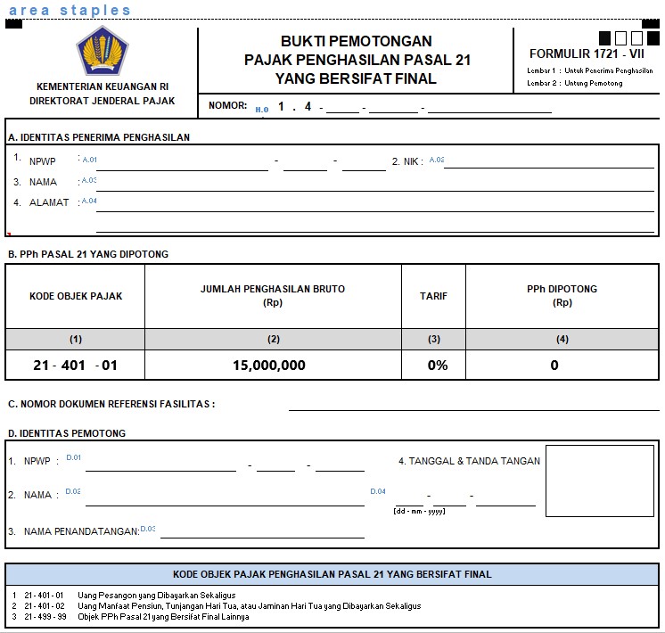 bukti potong PPh 21 final untuk perhitungan pajak atas kompensasi PKWT