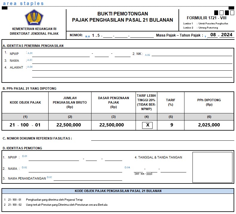 bukti potong PPh 21 penghasilan bulanan karyawan