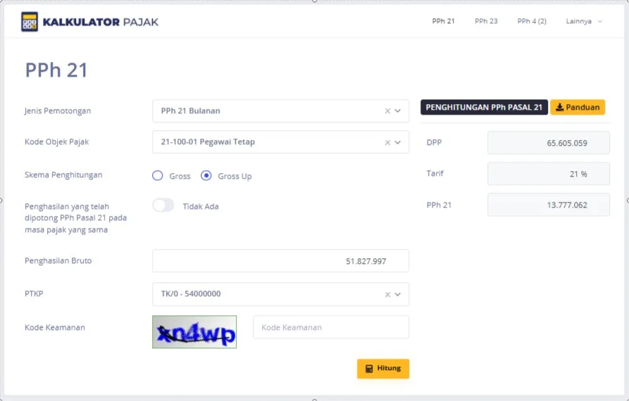 Penghitungan dengan kalkulator pajak DJP & Gadjian